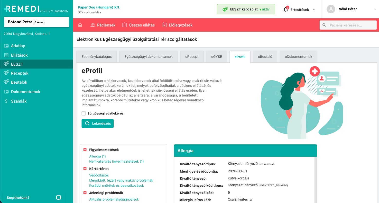 Orvosi receptkezelő webalkalmazás felületének képernyőképe oldalsó menüvel és a megjelenített receptek listájával.
