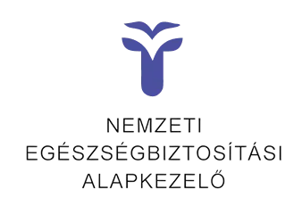Logo featuring a stylized blue figure with upward arms above Hungarian text for National Health Insurance Fund.