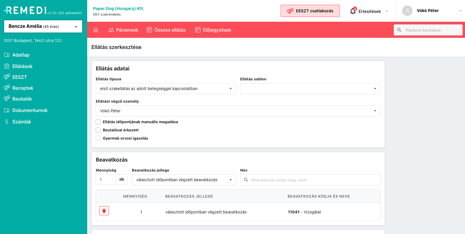 Orvosi receptkezelő webalkalmazás felületének képernyőképe oldalsó menüvel és a megjelenített receptek listájával.