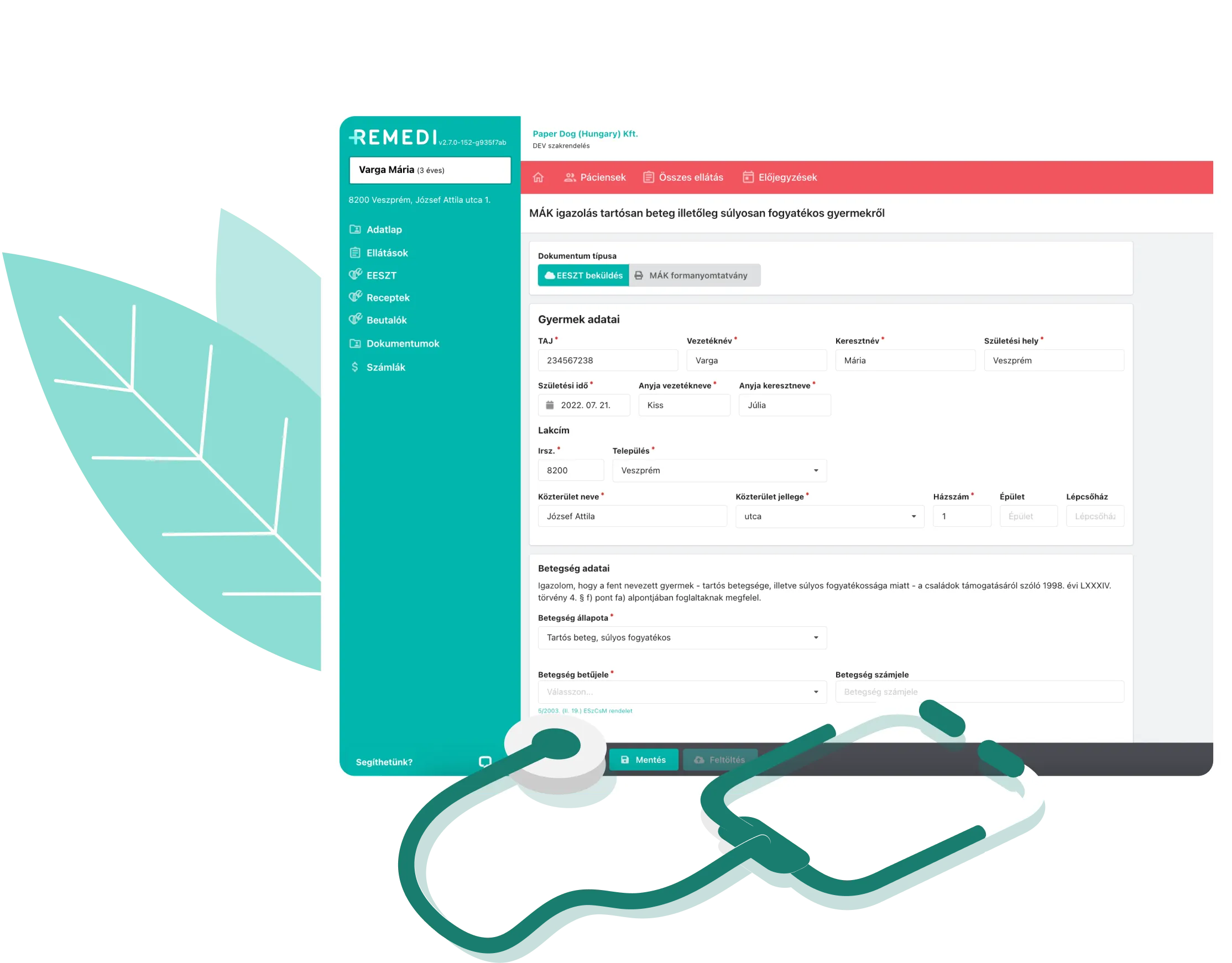 User interface of a medical records system displaying a patient's personal and medical data form with a stylized stethoscope overlay and leaf graphics.