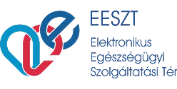 Logo with intertwined letters E, E, S in red and blue next to text 'EESZT Elektronikus Egészségügyi Szolgáltatási Tér'.