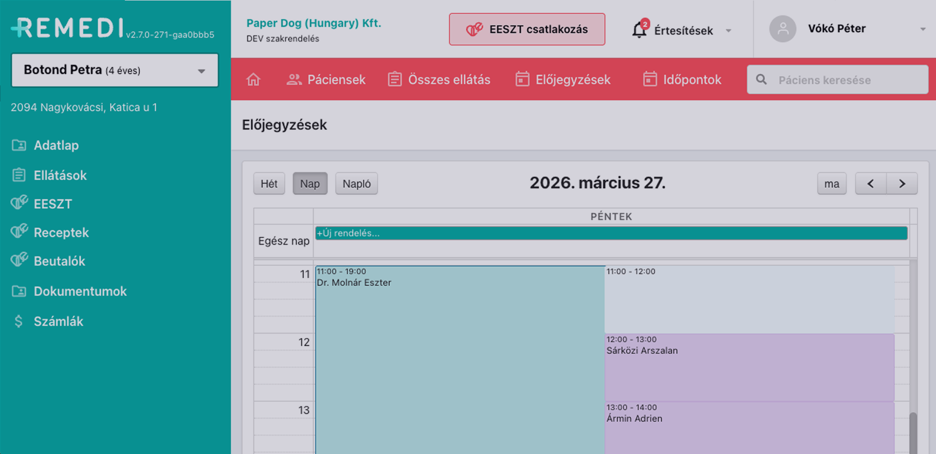 Orvosi szoftver felülete, amely egy páciens receptadatait mutatja, valamint egy stilizált orvosfigurát, aki egy tablettát ábrázoló illusztrációt tart.
