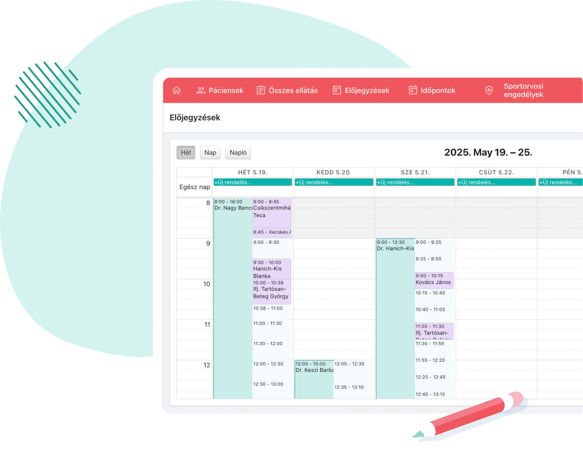 Digitális heti időpontnaptár, amely idősávokat és orvosi időpontokat mutat, felül navigációs fülekkel és egy rózsaszín toll illusztrációval.