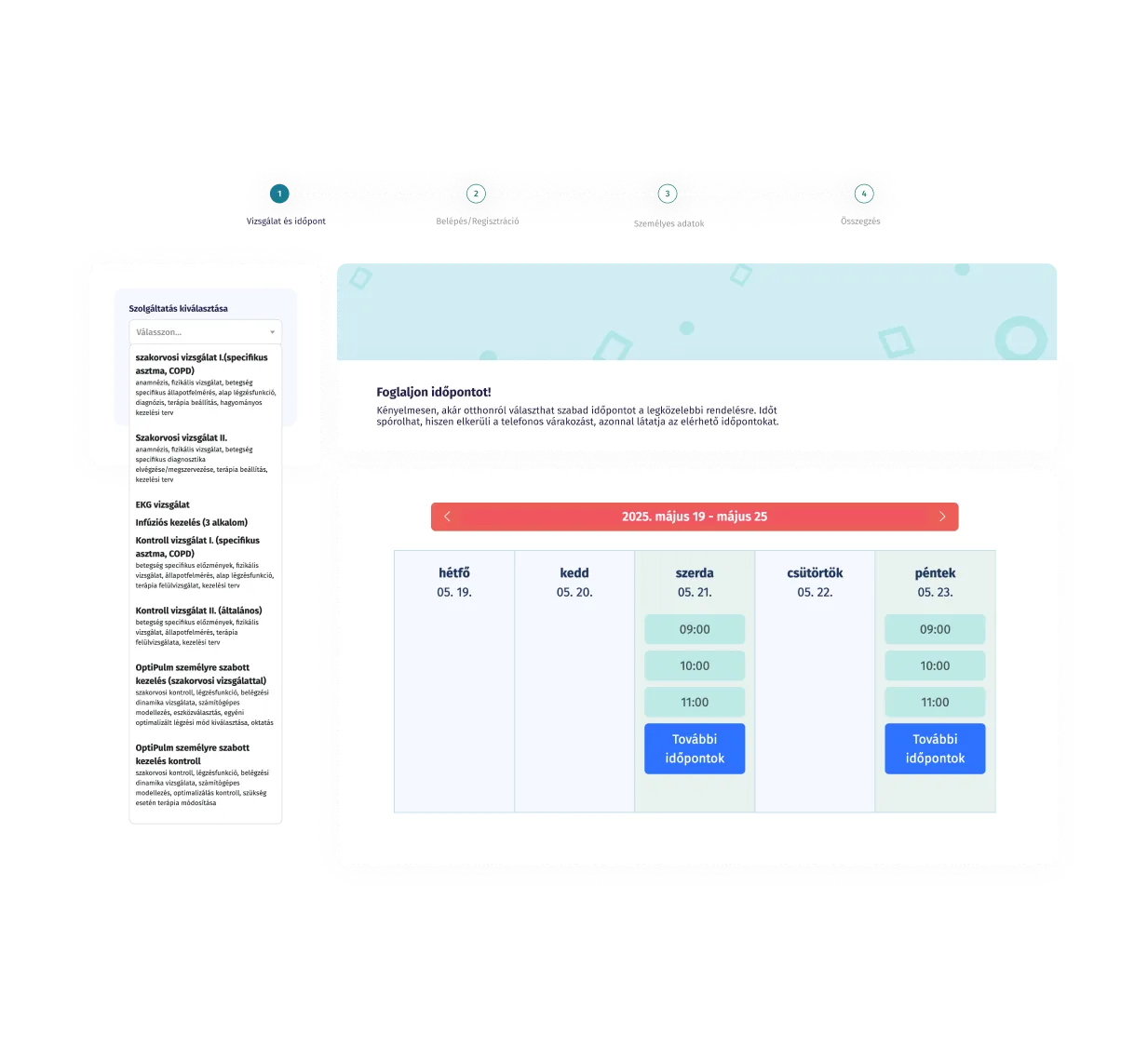 Online időpontfoglalási felület magyar nyelven, amely egy orvosi szolgáltatásokat tartalmazó legördülő menüt, egy tájékoztató üzenetet az időpontválasztásról és egy heti naptárat jelenít meg elérhető időpontokkal.