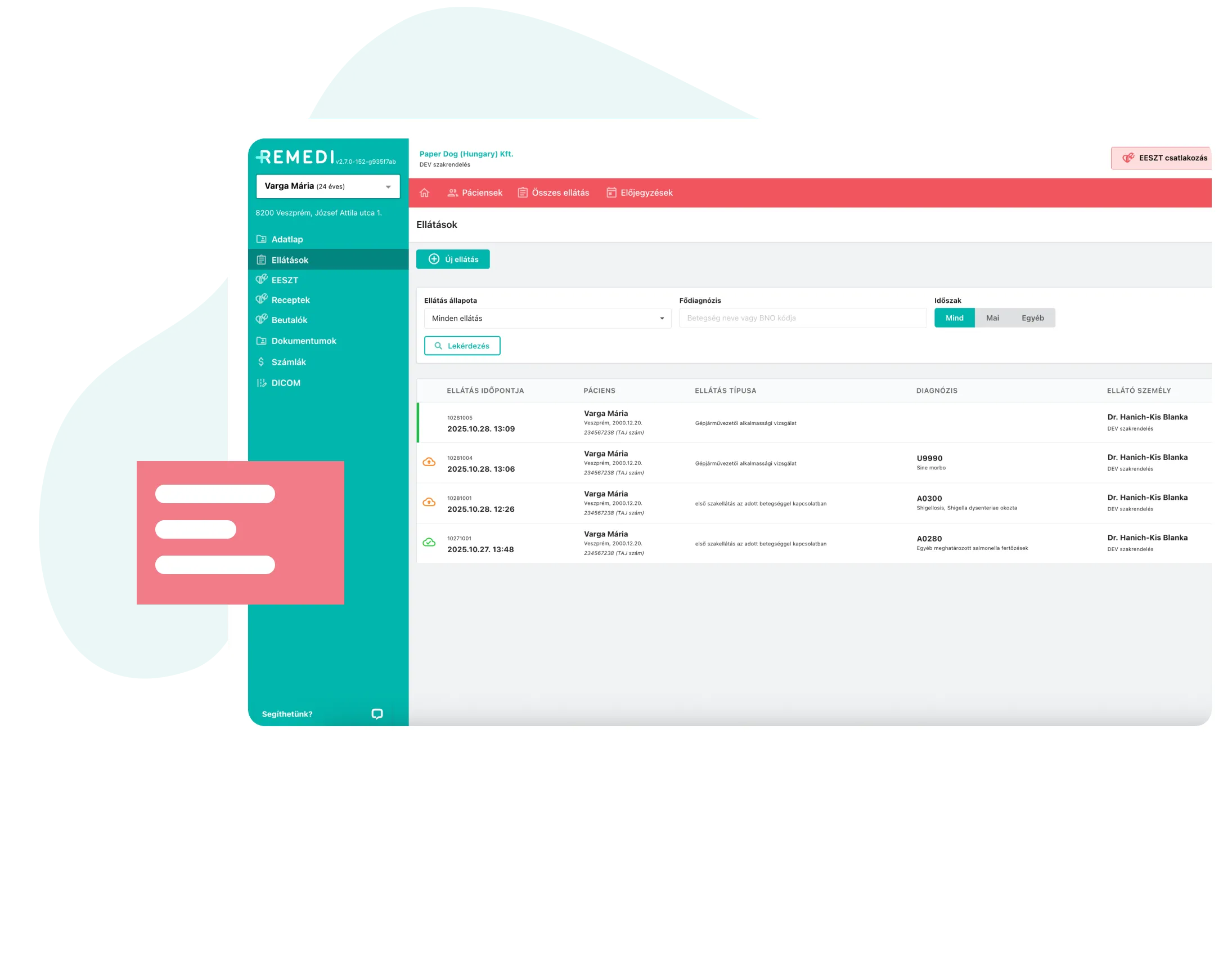 A REMEDI orvosi szoftver képernyőképe, amely páciensellátási adatokat és diagnózis részleteit mutatja.