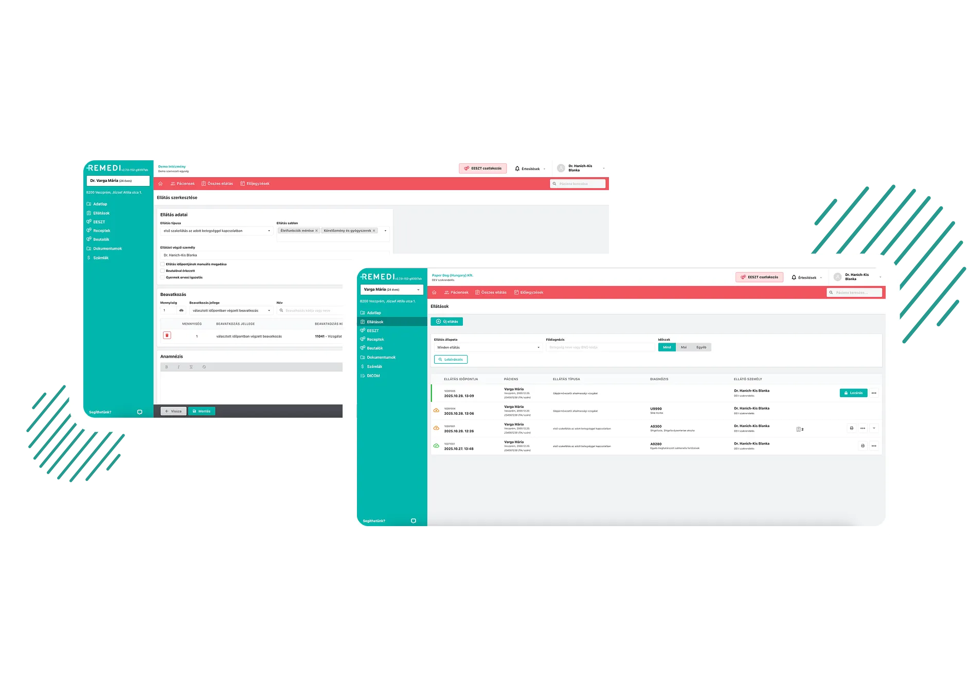 A REMEDI orvosi szoftver képernyőképei, amelyek páciensadatokat, orvosi beavatkozásokat és időpontinformációkat jelenítenek meg.
