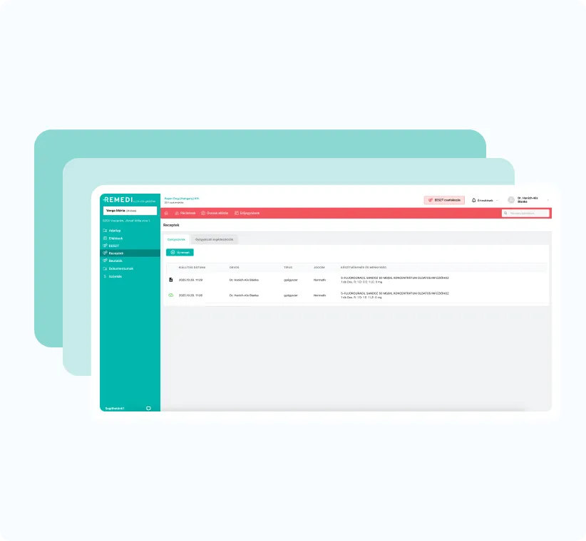 Orvosi receptkezelő webalkalmazás felületének képernyőképe oldalsó menüvel és a megjelenített receptek listájával.