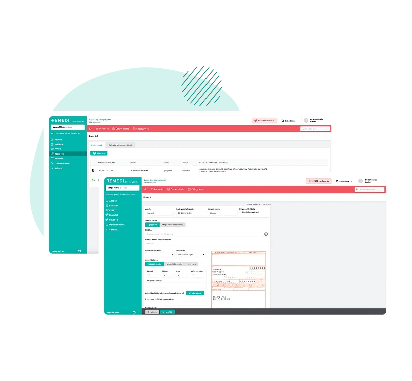 A Remedi egészségügyi szoftver felhasználói felülete, amely a receptkezelő képernyőket mutatja páciensadatokkal és receptűrlappal.