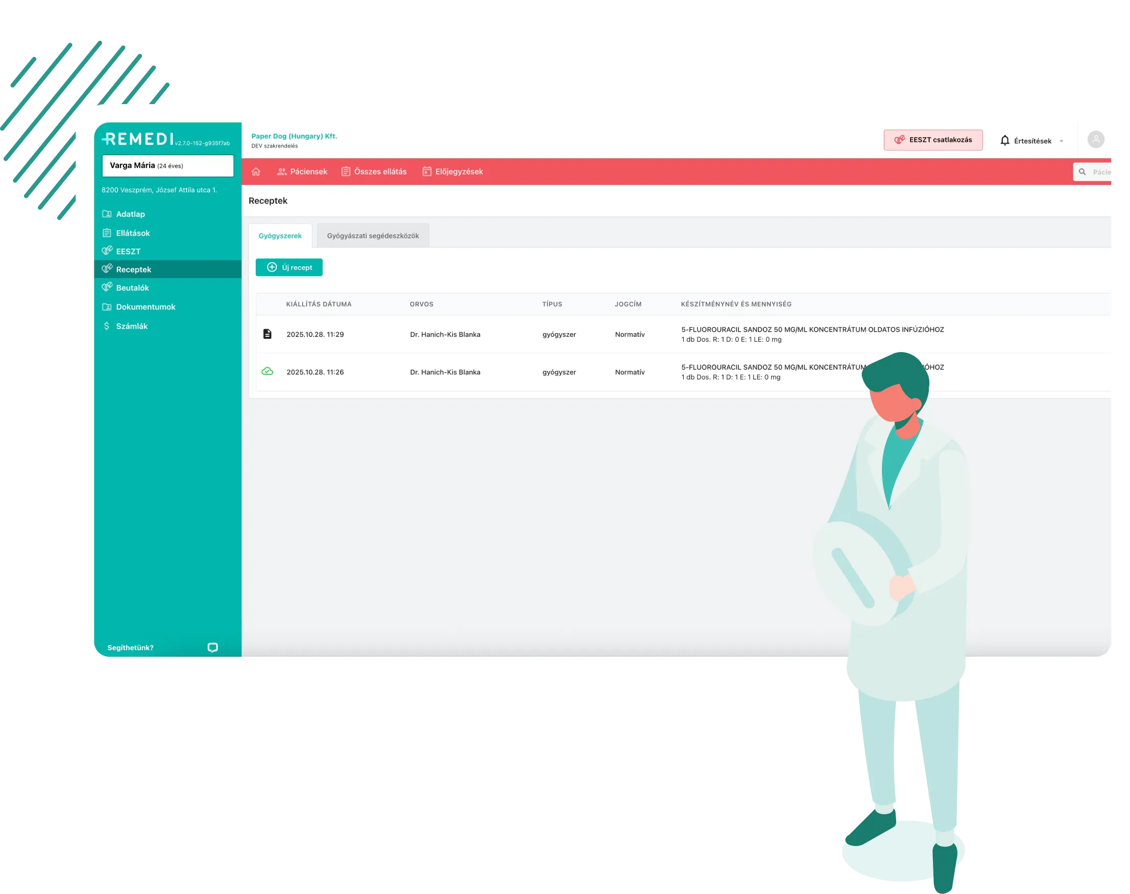 Orvosi szoftver felülete, amely egy páciens receptadatait mutatja, valamint egy stilizált orvosfigurát, aki egy tablettát ábrázoló illusztrációt tart.